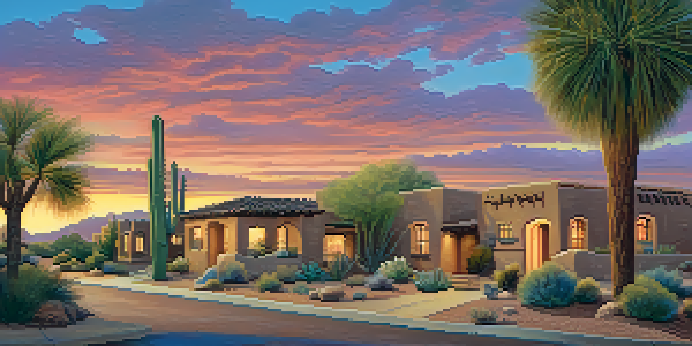A scenic sunset view of Scottsdale's Historic District with adobe homes and mid-century modern buildings surrounded by desert plants.