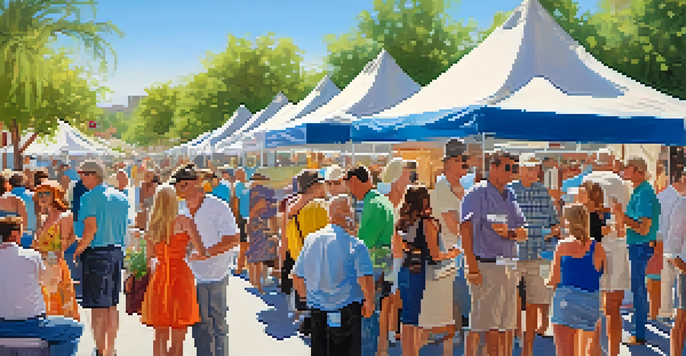 A lively outdoor festival scene with colorful art booths, people enjoying wine, and a beautiful waterfront setting.