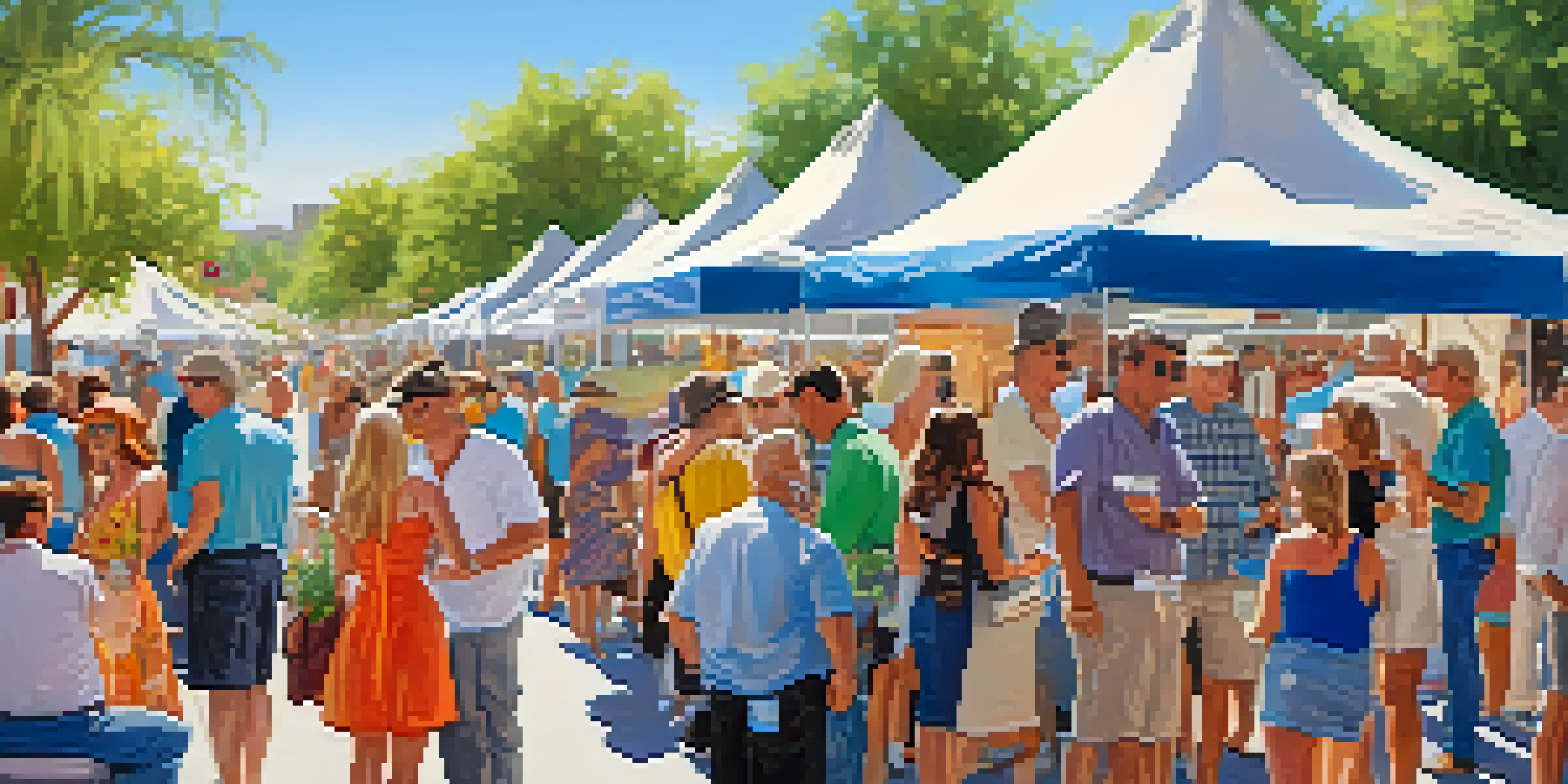 A lively outdoor festival scene with colorful art booths, people enjoying wine, and a beautiful waterfront setting.