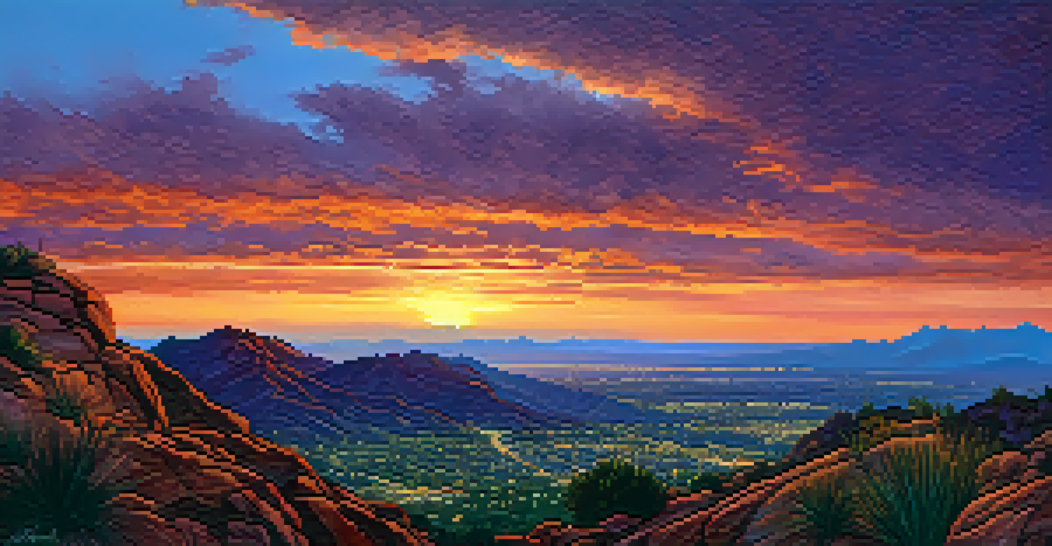 A sunset view from Camelback Mountain, showcasing a colorful sky and silhouetted mountain peaks over the valley.