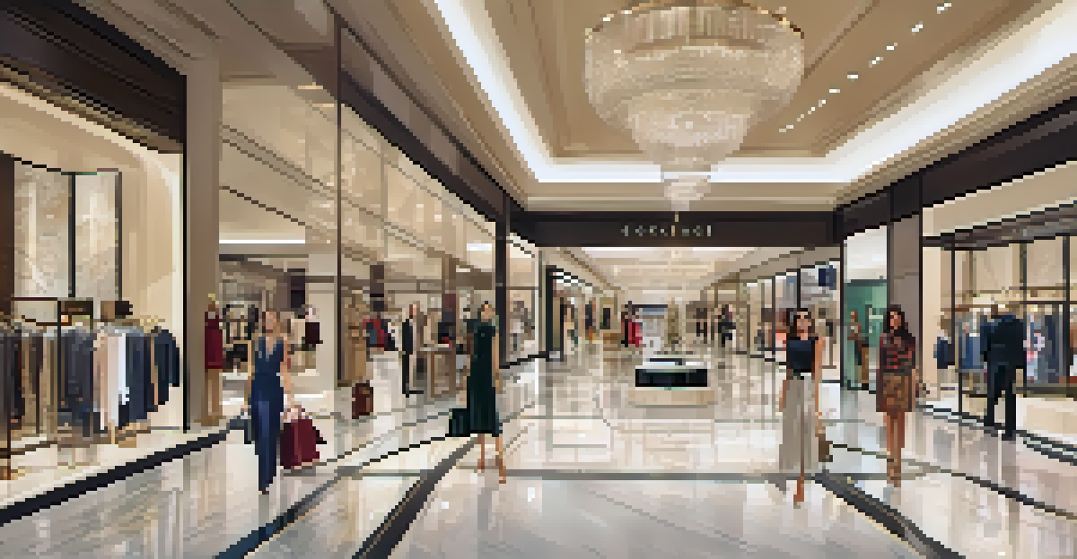 The interior of a luxury shopping mall with designer stores, marble floors, and shoppers exploring high-end fashion.
