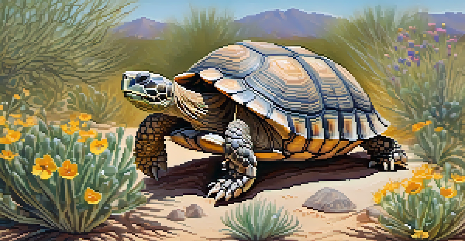 A close-up of a desert tortoise surrounded by desert plants in its natural habitat.