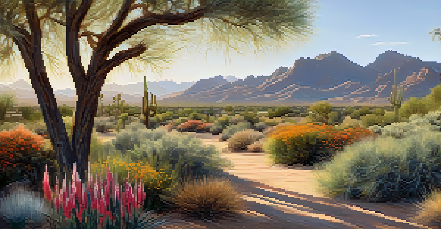 A scenic view of a native plant ecosystem in Scottsdale, with colorful flowers in the foreground and desert mountains in the background under soft morning light.