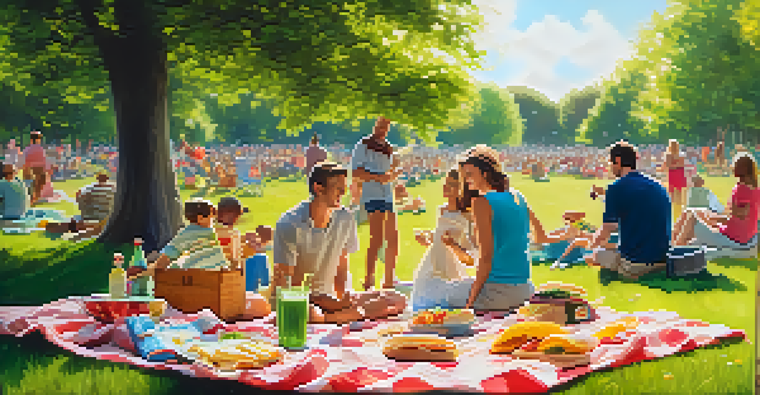 A picnic setup with food and drinks on a blanket, surrounded by concert-goers enjoying live music in a park.