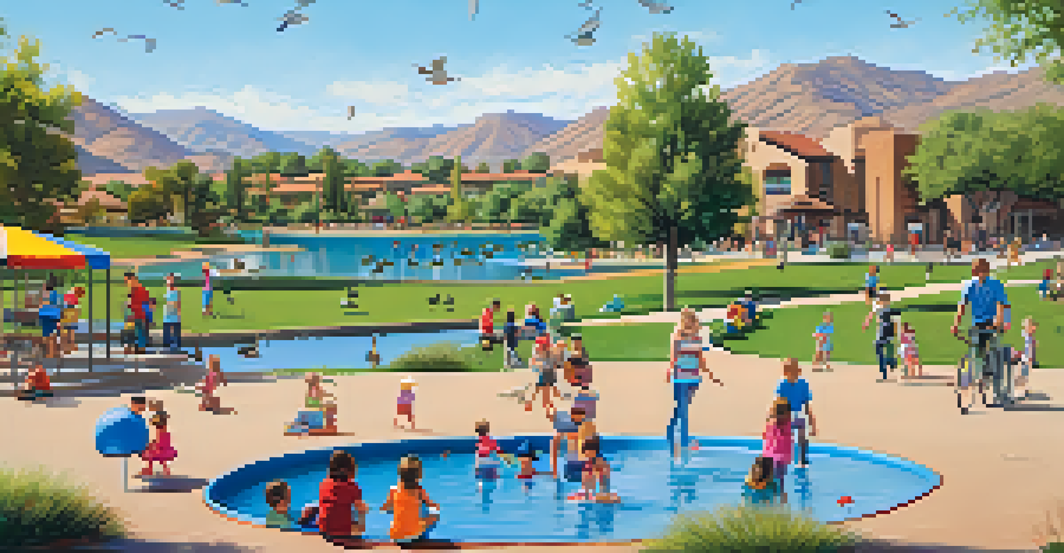 Families enjoying a sunny day at Chaparral Park with children playing on a playground and a scenic lake in the background.