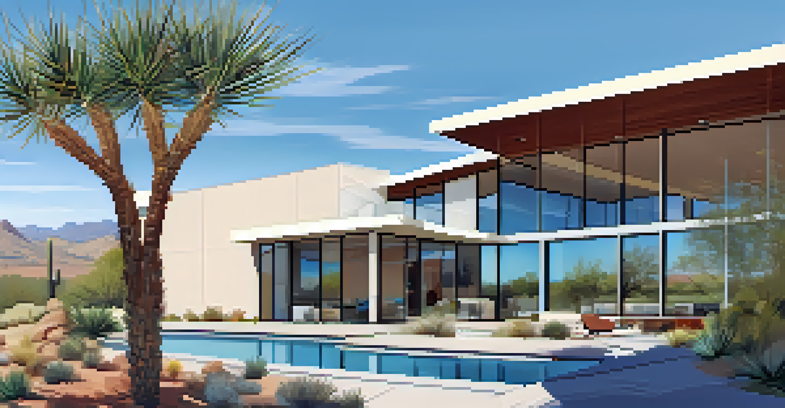 A wide-angle view of a modern home in Scottsdale, with glass windows and desert plants in the foreground against a blue sky.
