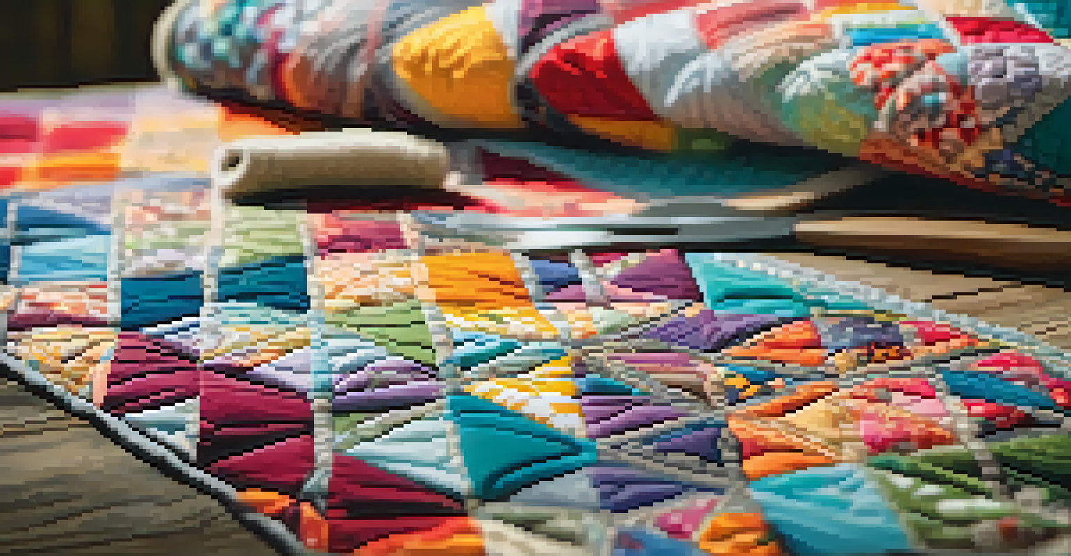 A close-up of a colorful quilt with intricate patterns, placed on a wooden table with sewing tools, illuminated by soft sunlight.