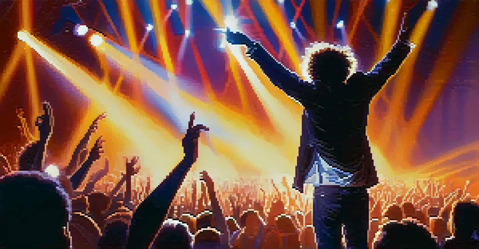 A close-up of a musician on stage with a passionate expression, surrounded by a blurred crowd and bright stage lights.