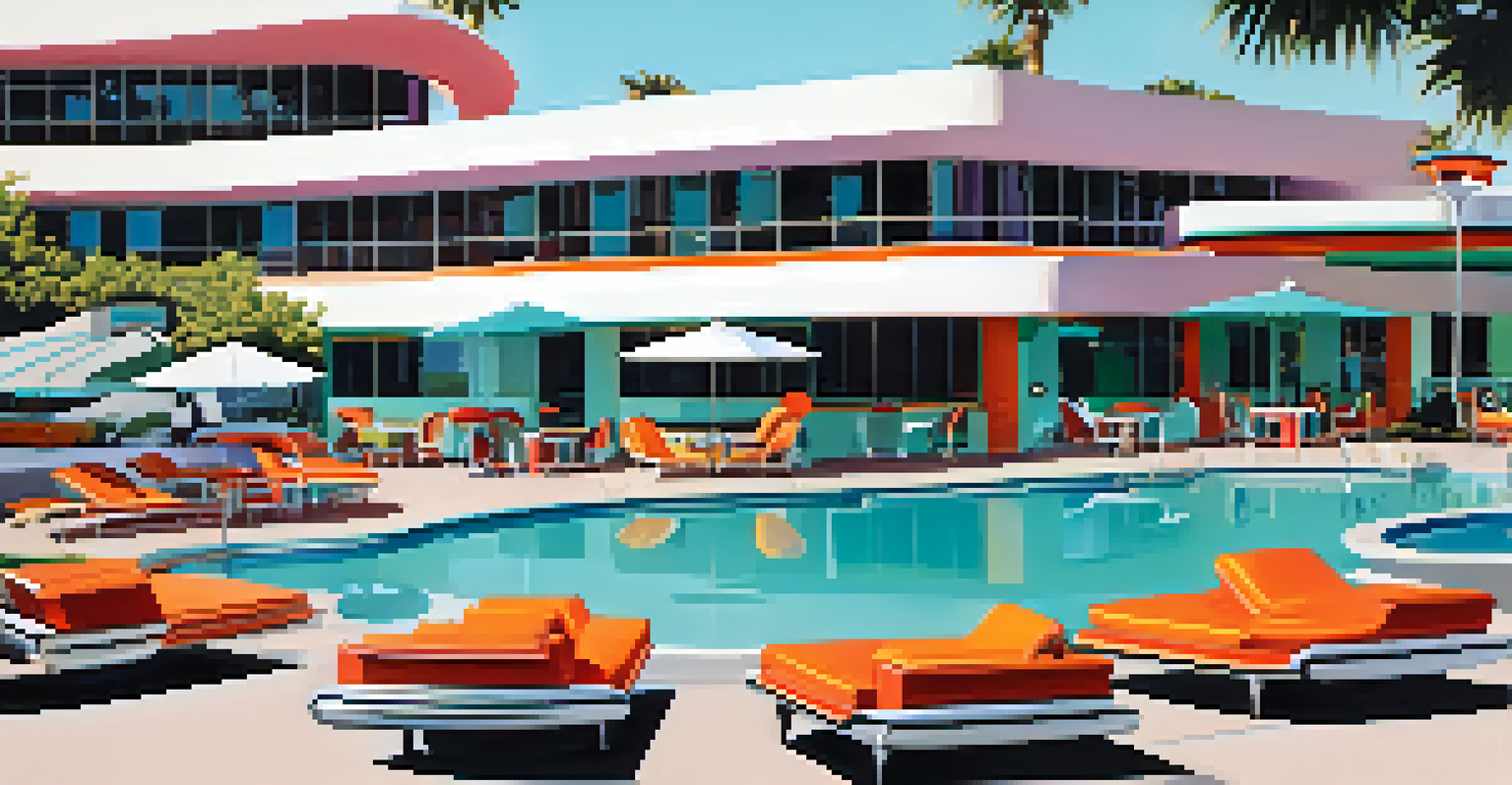 A mid-century modern hotel with a vibrant pool area and guests enjoying the sunny day, featuring retro design elements.