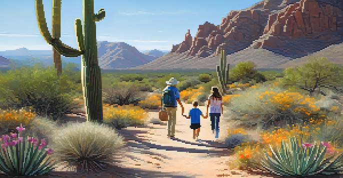 A family walking together in the desert, surrounded by cacti and wildflowers, with a clear sky above.