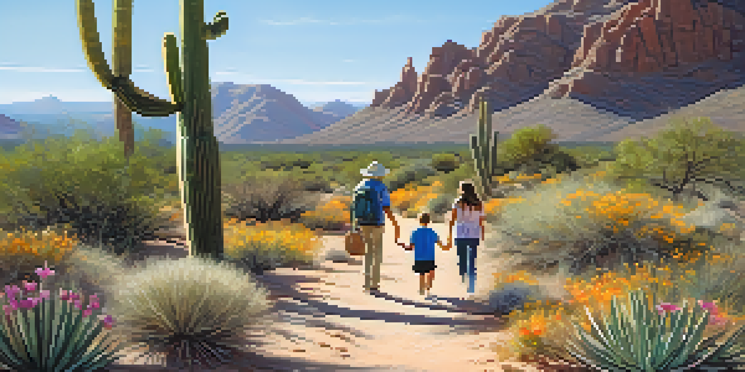 A family walking together in the desert, surrounded by cacti and wildflowers, with a clear sky above.