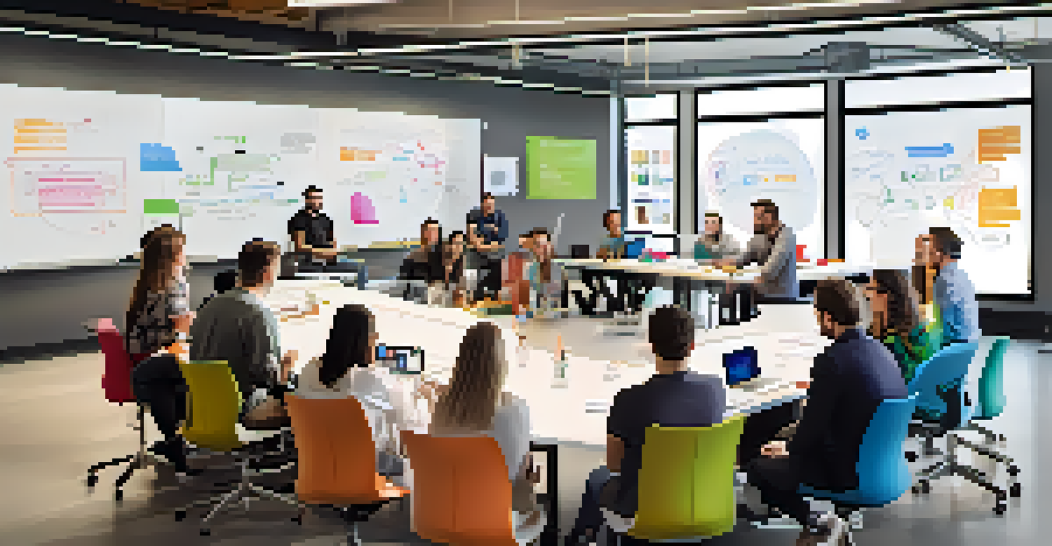 A mentor leading a workshop with a group of entrepreneurs in a well-lit room, surrounded by diagrams and notes on a whiteboard.