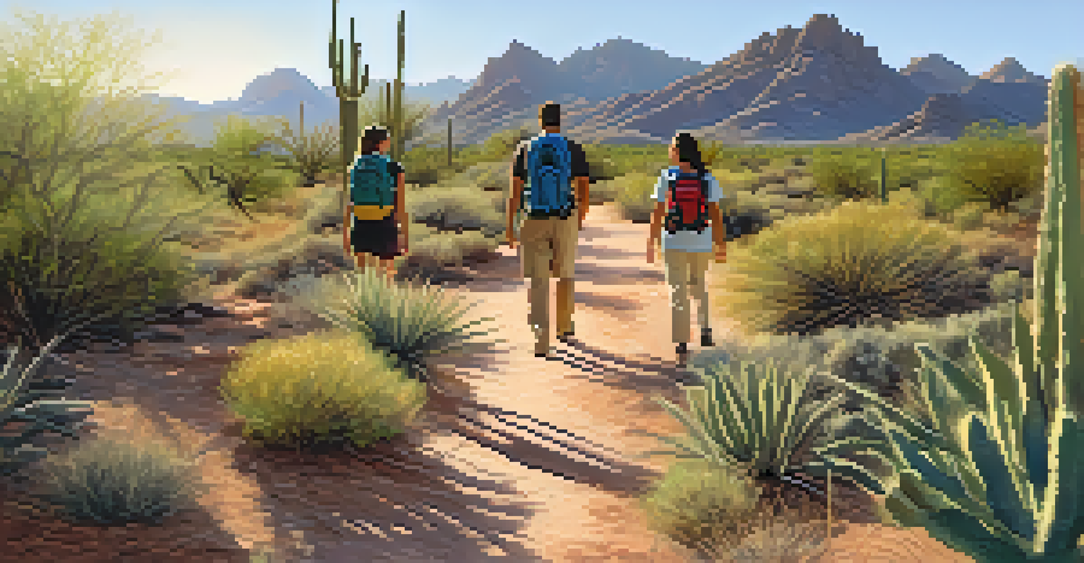 A family hiking on a trail in Scottsdale surrounded by desert plants and mountains.