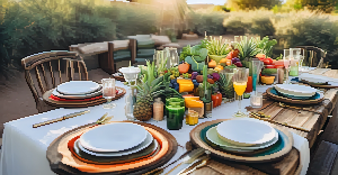 An outdoor dining setup showcasing colorful seasonal dishes made from local produce, surrounded by greenery and bathed in warm golden hour sunlight.