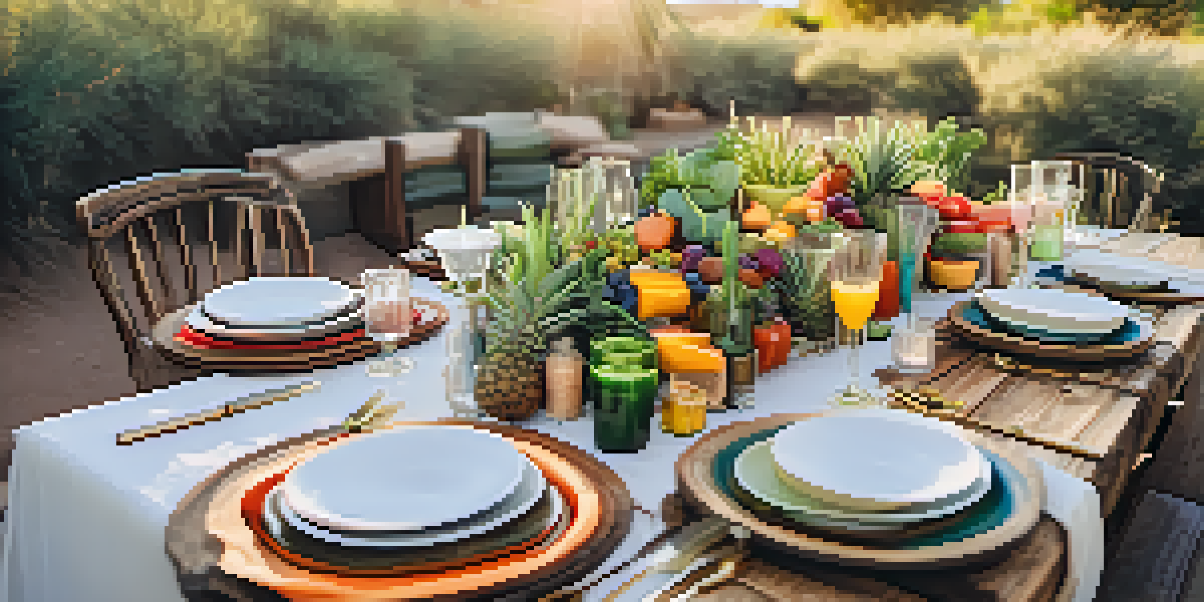 An outdoor dining setup showcasing colorful seasonal dishes made from local produce, surrounded by greenery and bathed in warm golden hour sunlight.