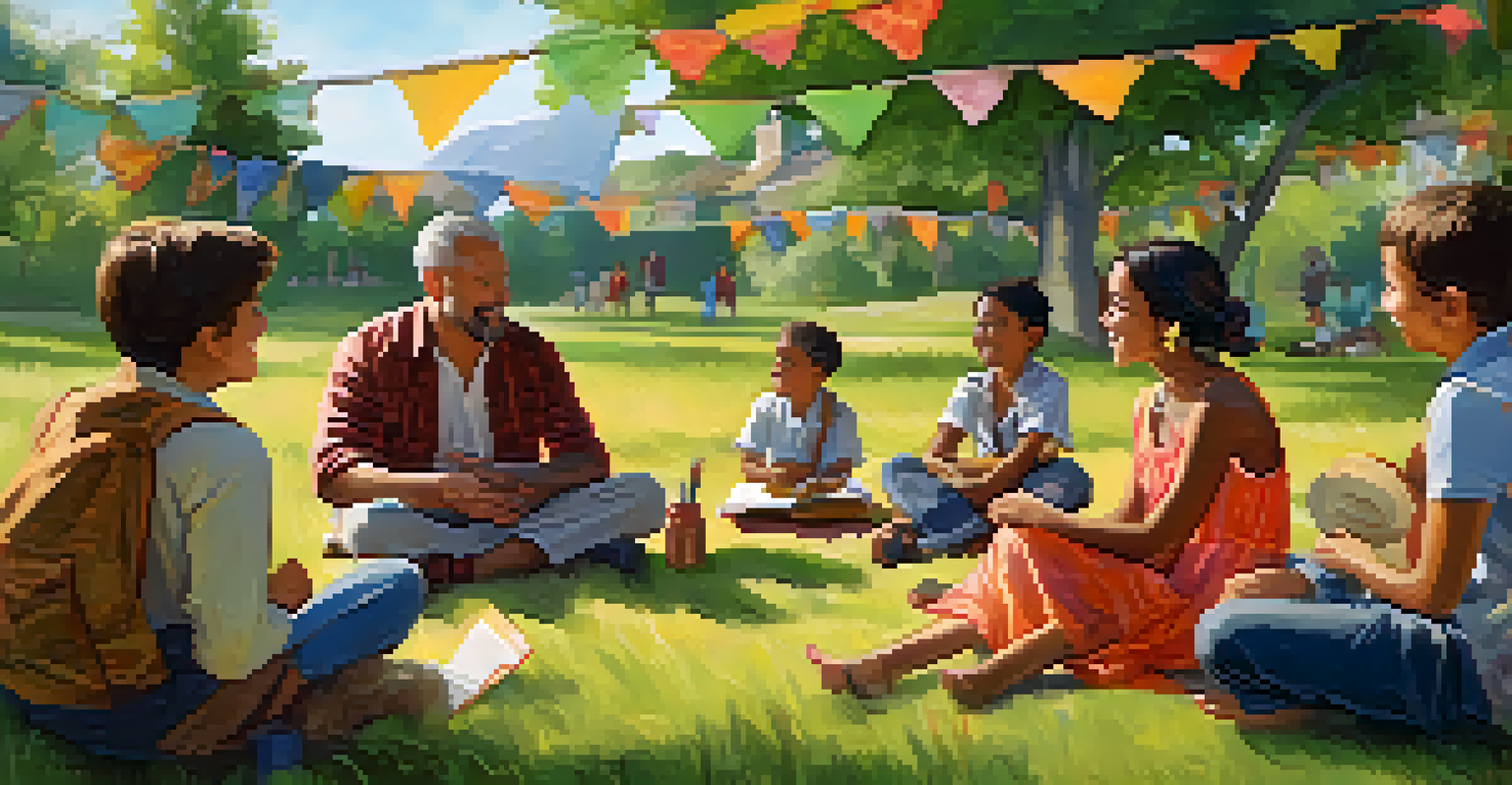 A family gathered around a storyteller at an artisan event, with children engaged and colorful art displays around.