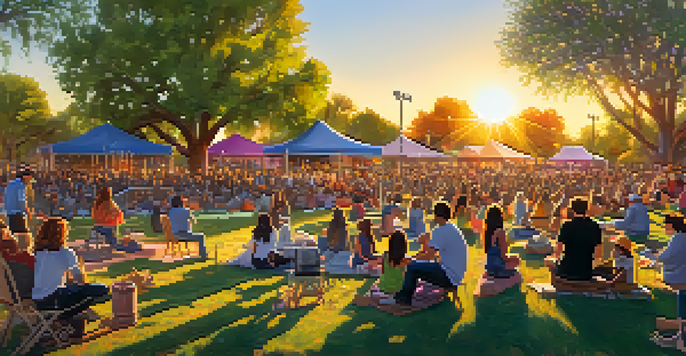 A lively outdoor concert with a diverse crowd enjoying music in a park, featuring picnic blankets and a sunset backdrop.