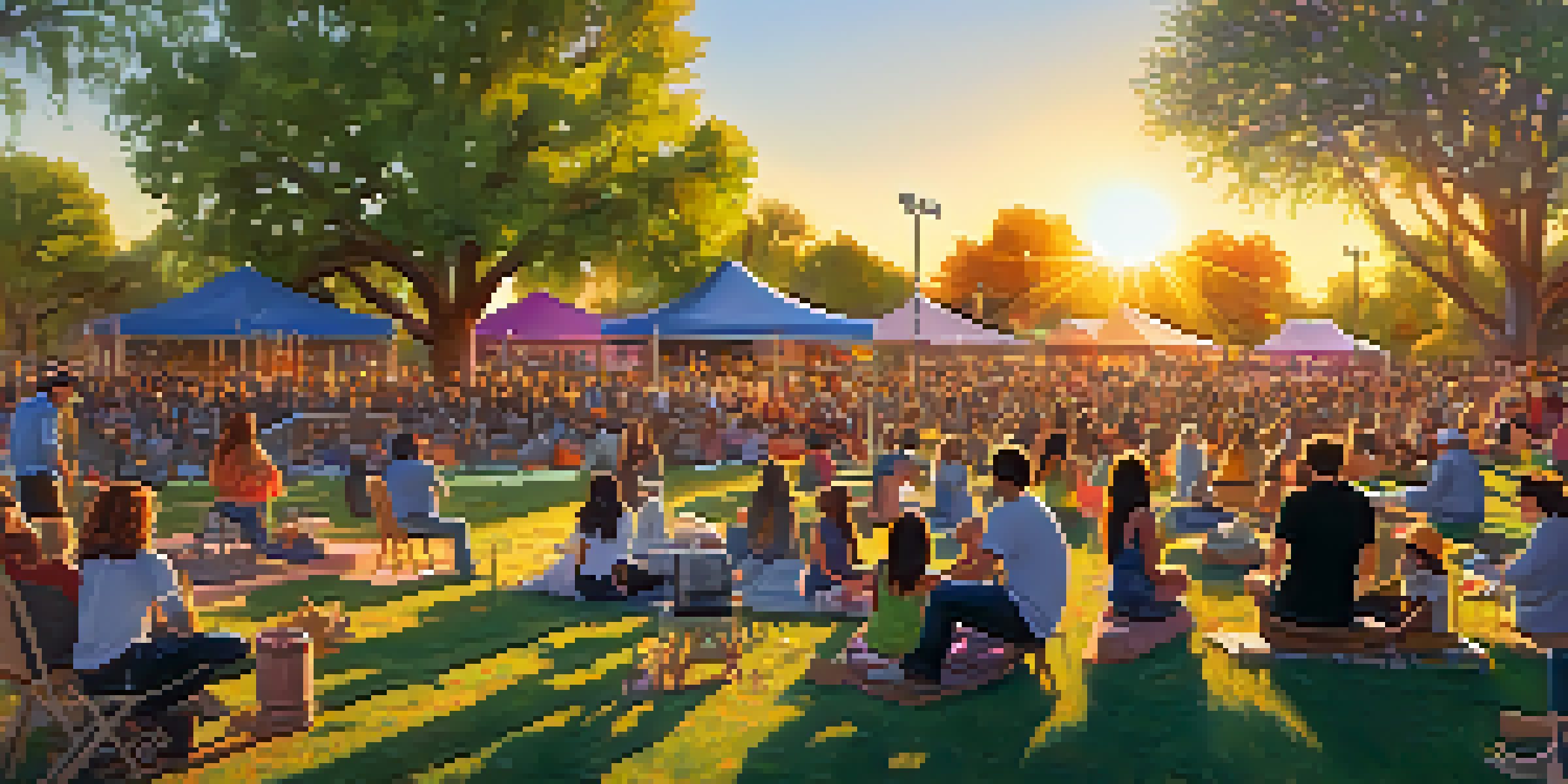 A lively outdoor concert with a diverse crowd enjoying music in a park, featuring picnic blankets and a sunset backdrop.