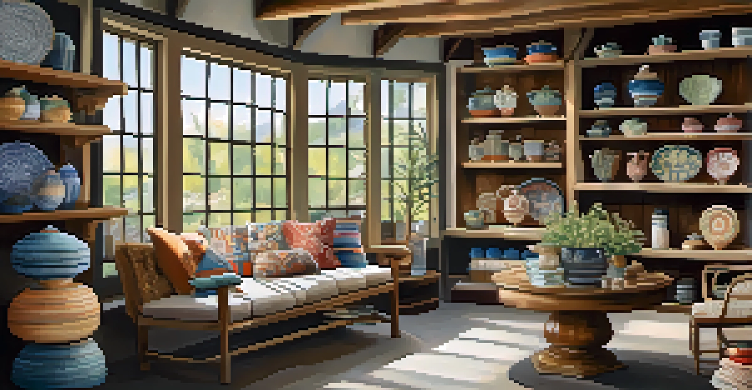 An artisan shop filled with unique home goods like ceramics and textiles, with natural light streaming in.