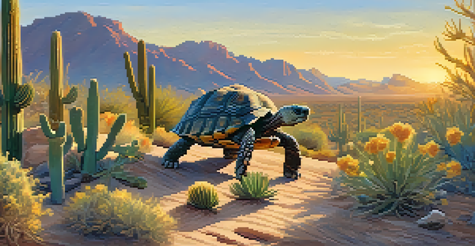 A desert tortoise moving across rocky terrain in Scottsdale, Arizona, surrounded by cacti and wildflowers under a blue sky at sunset.