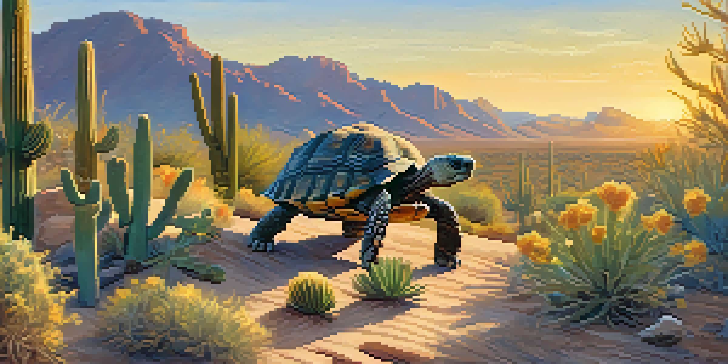 A desert tortoise moving across rocky terrain in Scottsdale, Arizona, surrounded by cacti and wildflowers under a blue sky at sunset.
