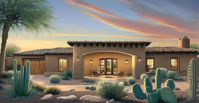 A Southwestern style home with adobe walls and a tile roof surrounded by desert landscape and sunset colors.