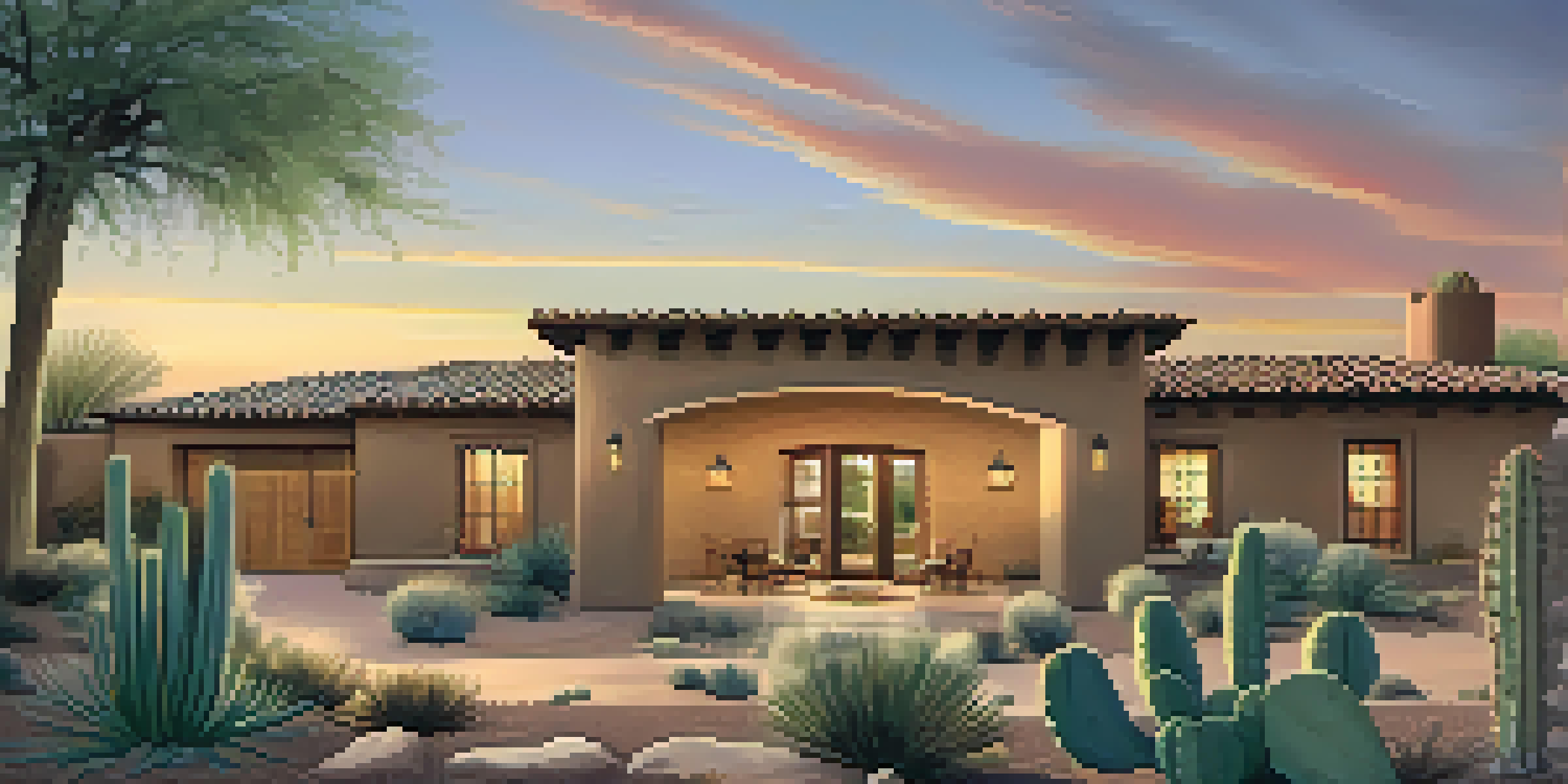 A Southwestern style home with adobe walls and a tile roof surrounded by desert landscape and sunset colors.