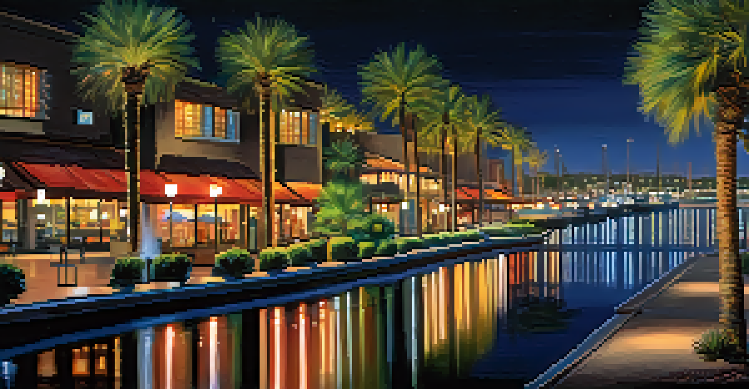 The Scottsdale Waterfront at night, with colorful city lights reflecting on the water, surrounded by gently swaying palm trees.