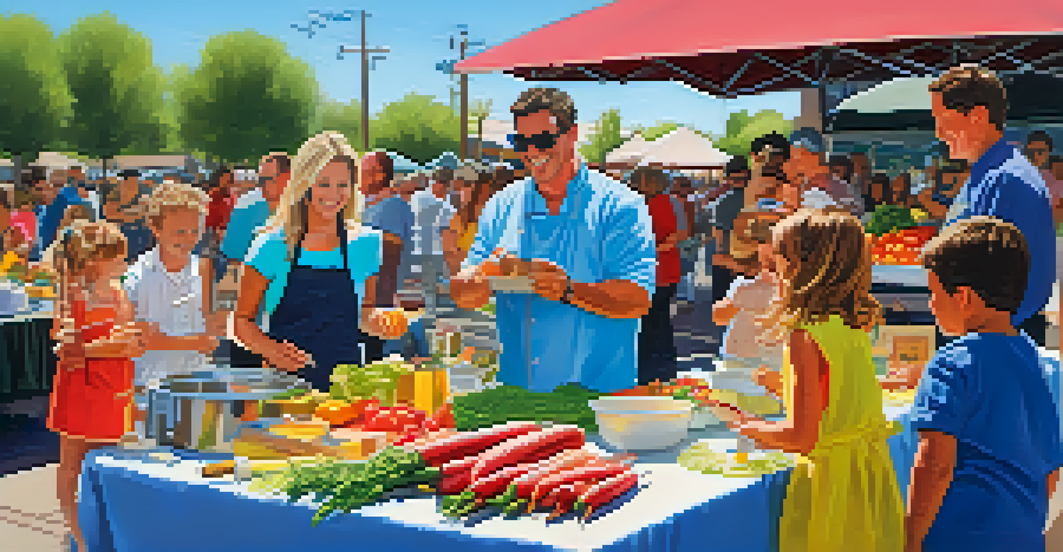 A family participating in a cooking demonstration at the farmers market, with fresh ingredients displayed.