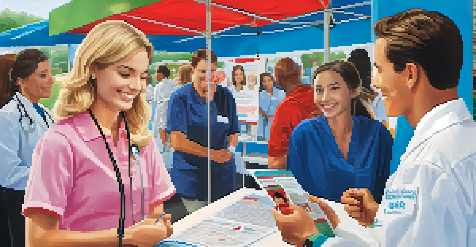 A healthcare professional measuring a participant's blood pressure at a health fair, surrounded by informative materials on preventive health.