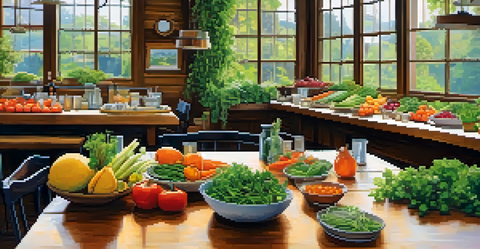 A rustic wooden table filled with fresh local produce and artisanal dishes in a bright, green environment.