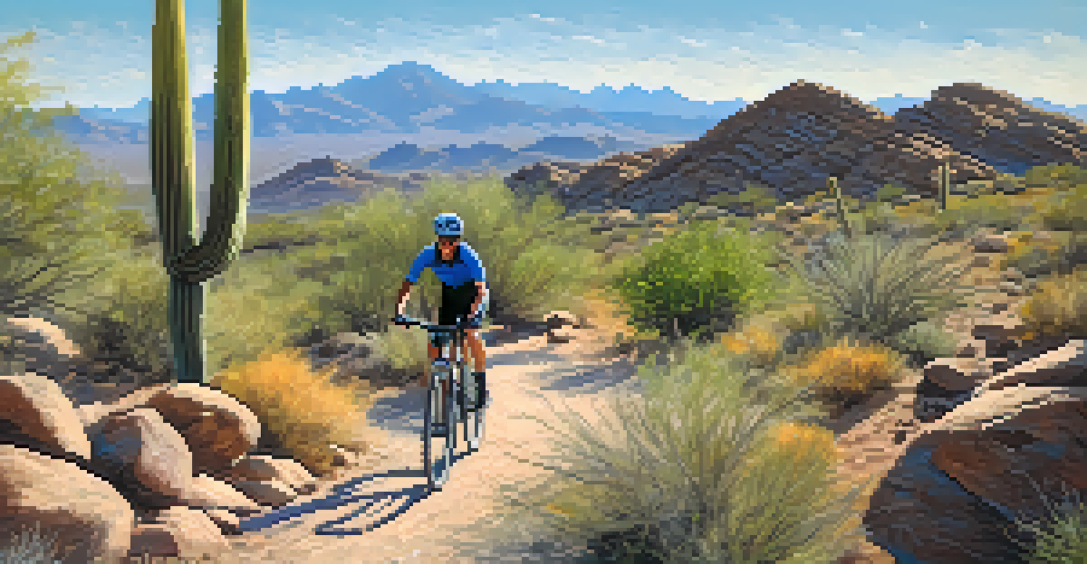 An experienced biker navigating a rocky trail in McDowell Mountain Regional Park with scenic desert views.
