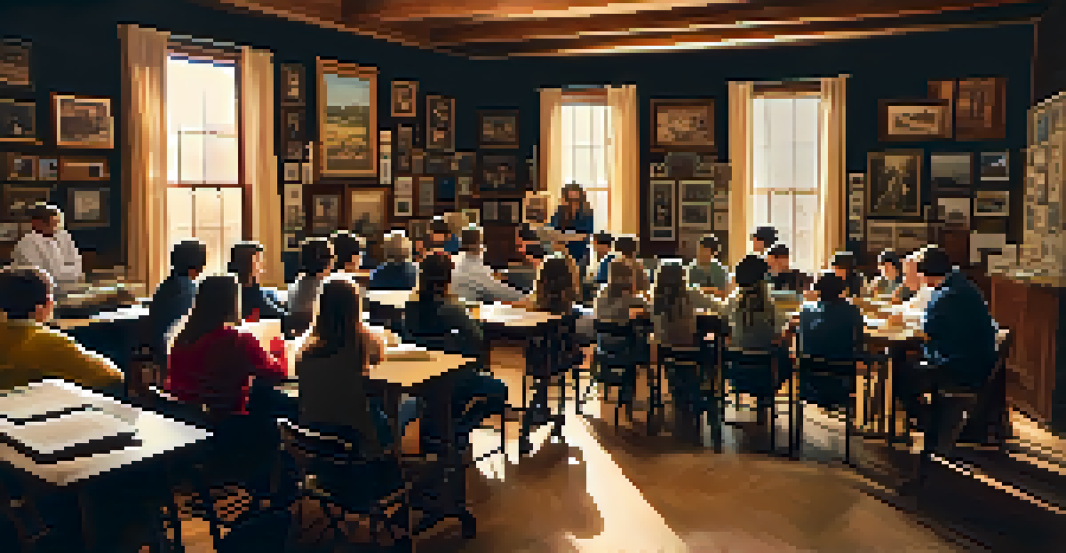Students participating in a workshop about Scottsdale's history with a local historian in a cozy room decorated with vintage photographs.