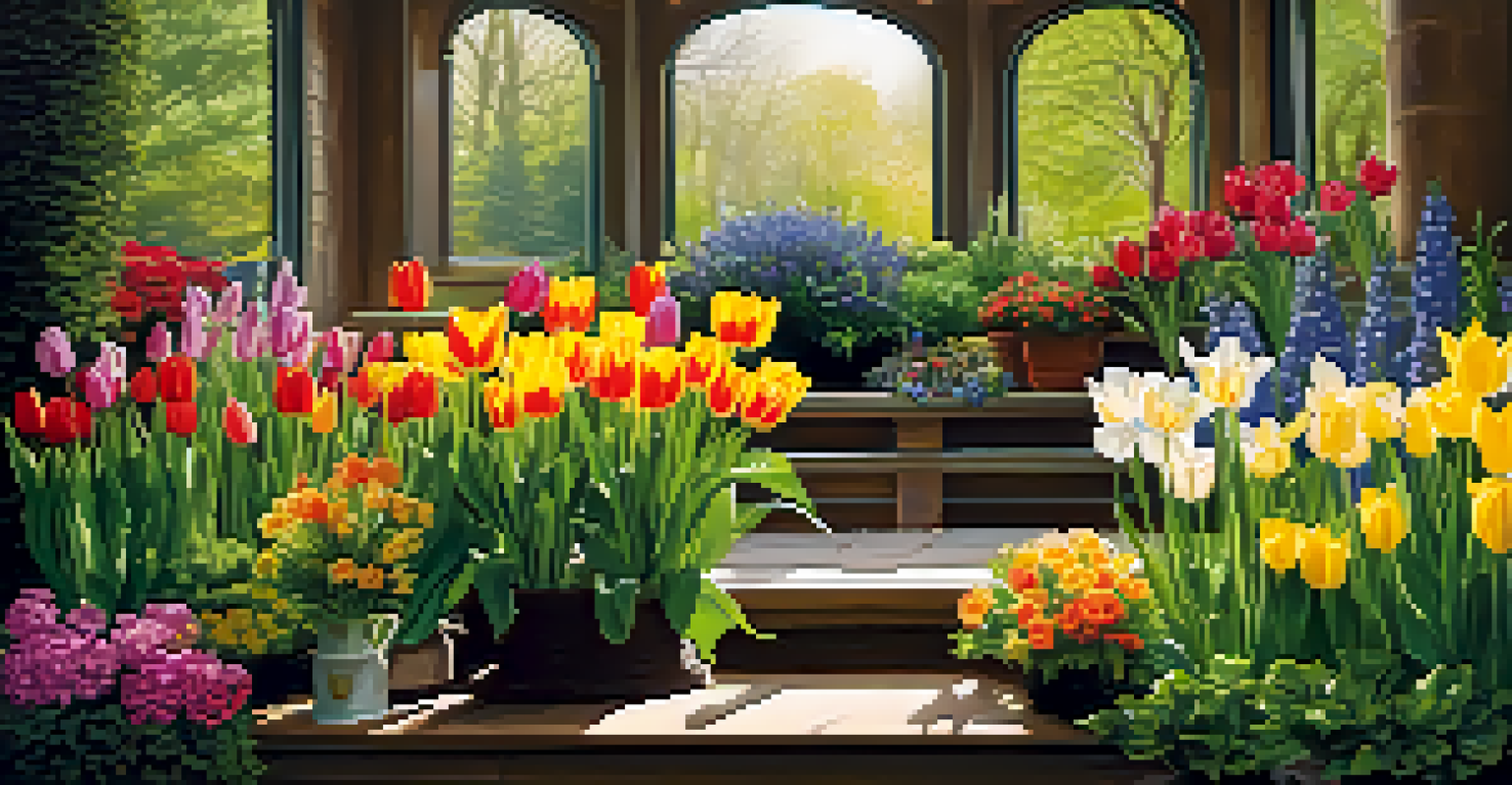 A beautiful arrangement of spring flowers in a garden nook, illuminated by soft sunlight, showcasing vibrant colors and greenery.