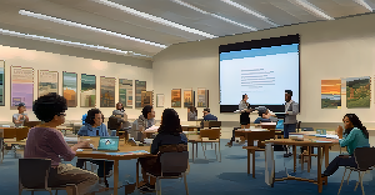 A library workshop with attendees engaged in discussion and a librarian presenting historical images.