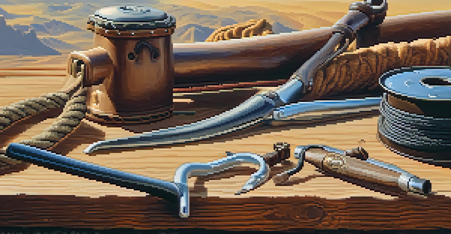 Traditional ranching tools like a lasso, saddle, and branding iron displayed on a wooden table with a blurred desert landscape in the background.