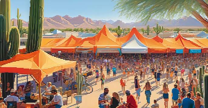 A lively outdoor music festival in Scottsdale, with people enjoying performances, colorful tents, and local food vendors against a scenic desert backdrop.