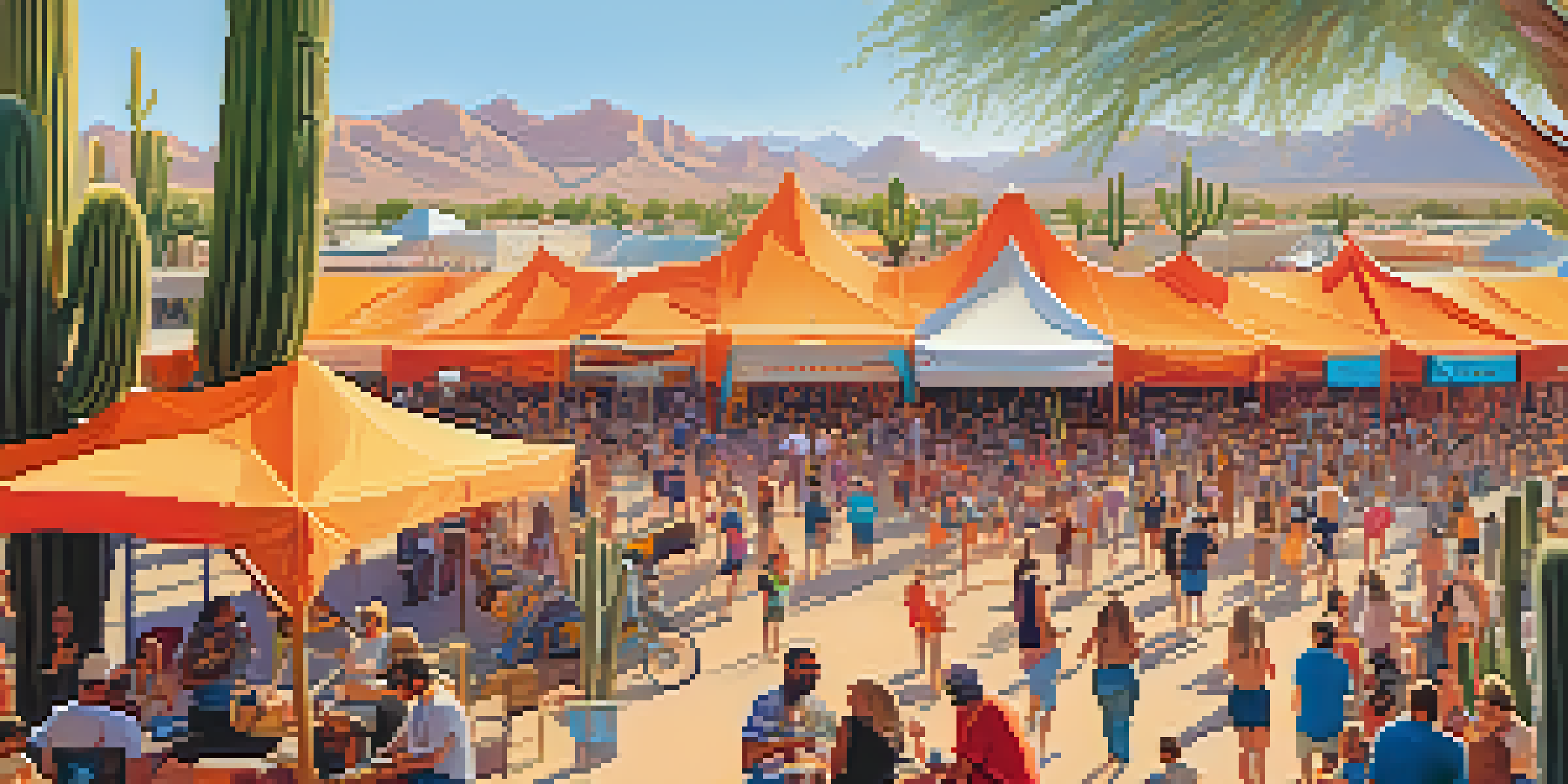 A lively outdoor music festival in Scottsdale, with people enjoying performances, colorful tents, and local food vendors against a scenic desert backdrop.