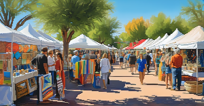 A lively craft fair in Scottsdale, with colorful booths showcasing handmade crafts, jewelry, and pottery under a clear sky, filled with visitors enjoying the atmosphere.