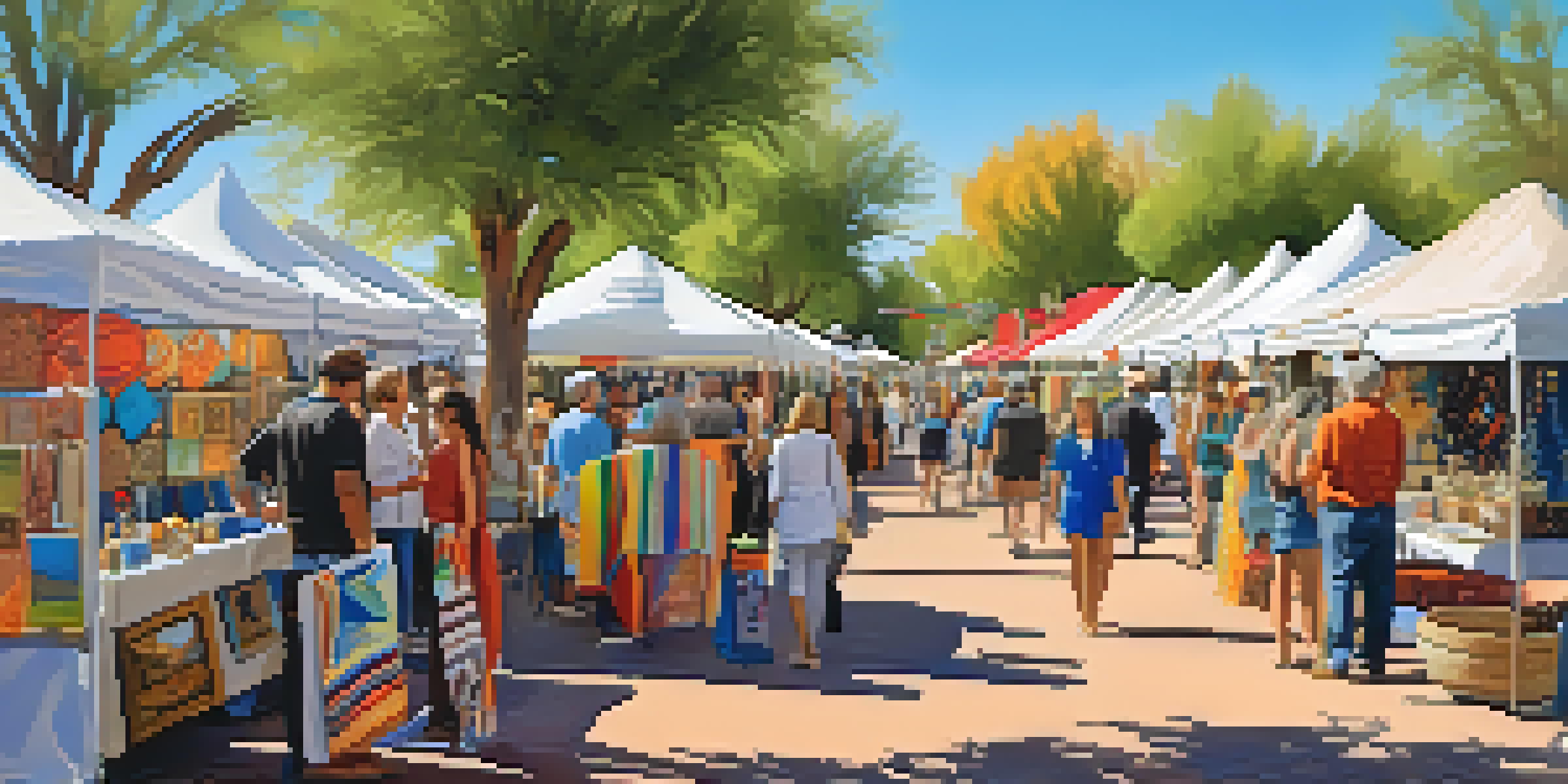 A lively craft fair in Scottsdale, with colorful booths showcasing handmade crafts, jewelry, and pottery under a clear sky, filled with visitors enjoying the atmosphere.