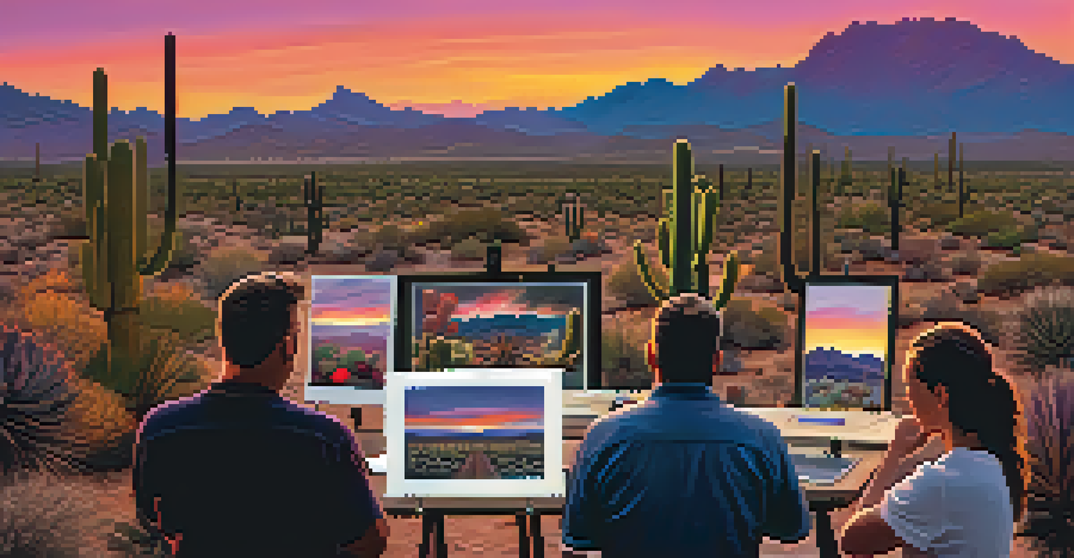 Participants in a photography workshop capturing a beautiful desert sunset in Scottsdale, with vibrant colors in the sky.
