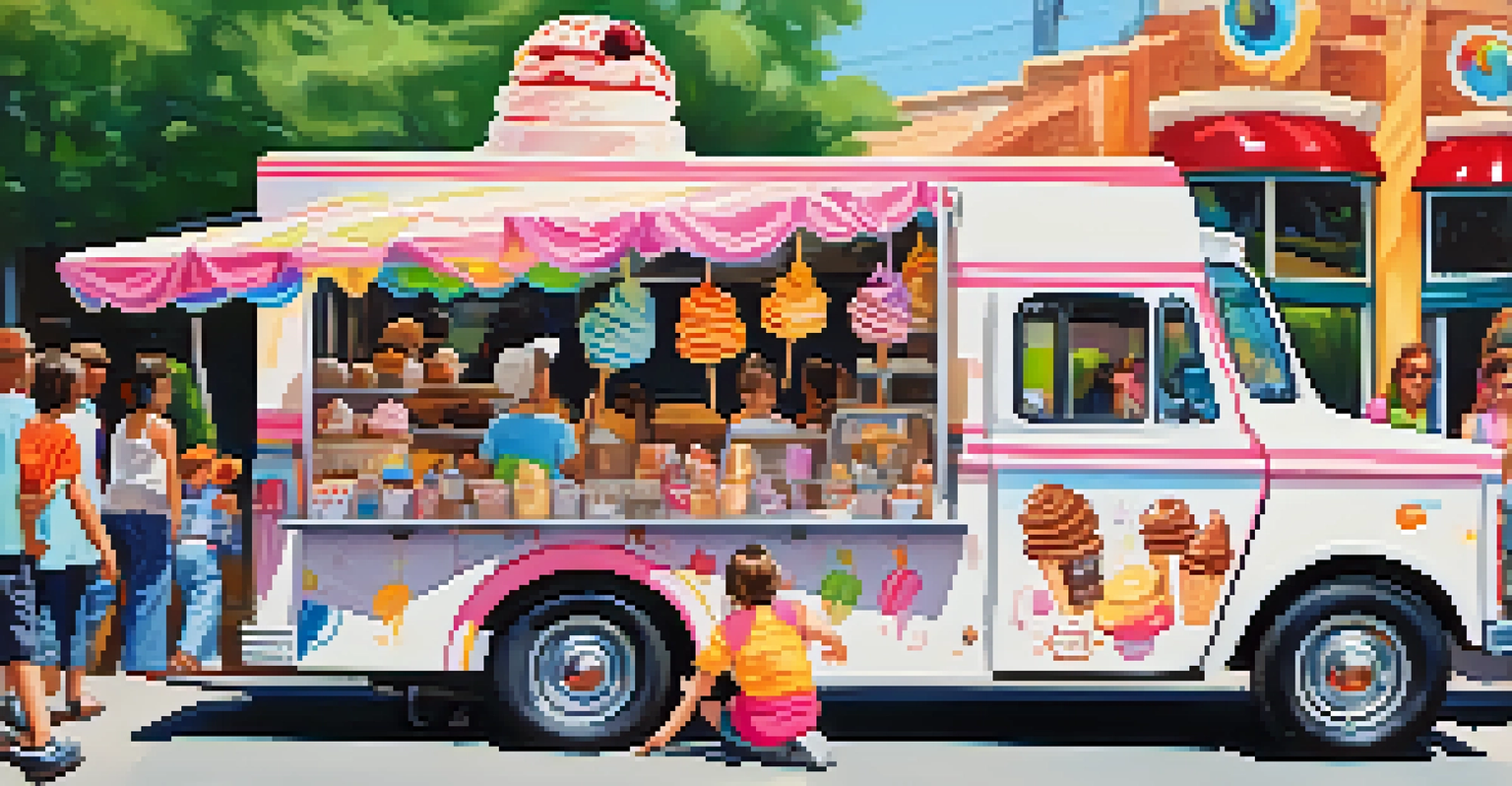 An artisan ice cream truck at a food festival with people enjoying colorful ice cream.
