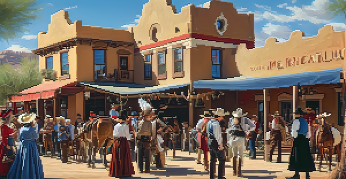 A lively historical reenactment in Scottsdale's Old Town with participants in cowboy costumes and historic buildings in the background.