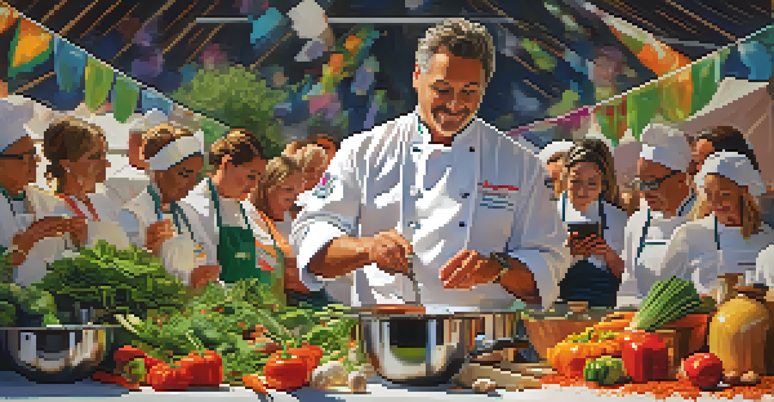 A chef demonstrating cooking techniques at a food festival, with fresh ingredients and an attentive audience in a warm atmosphere.