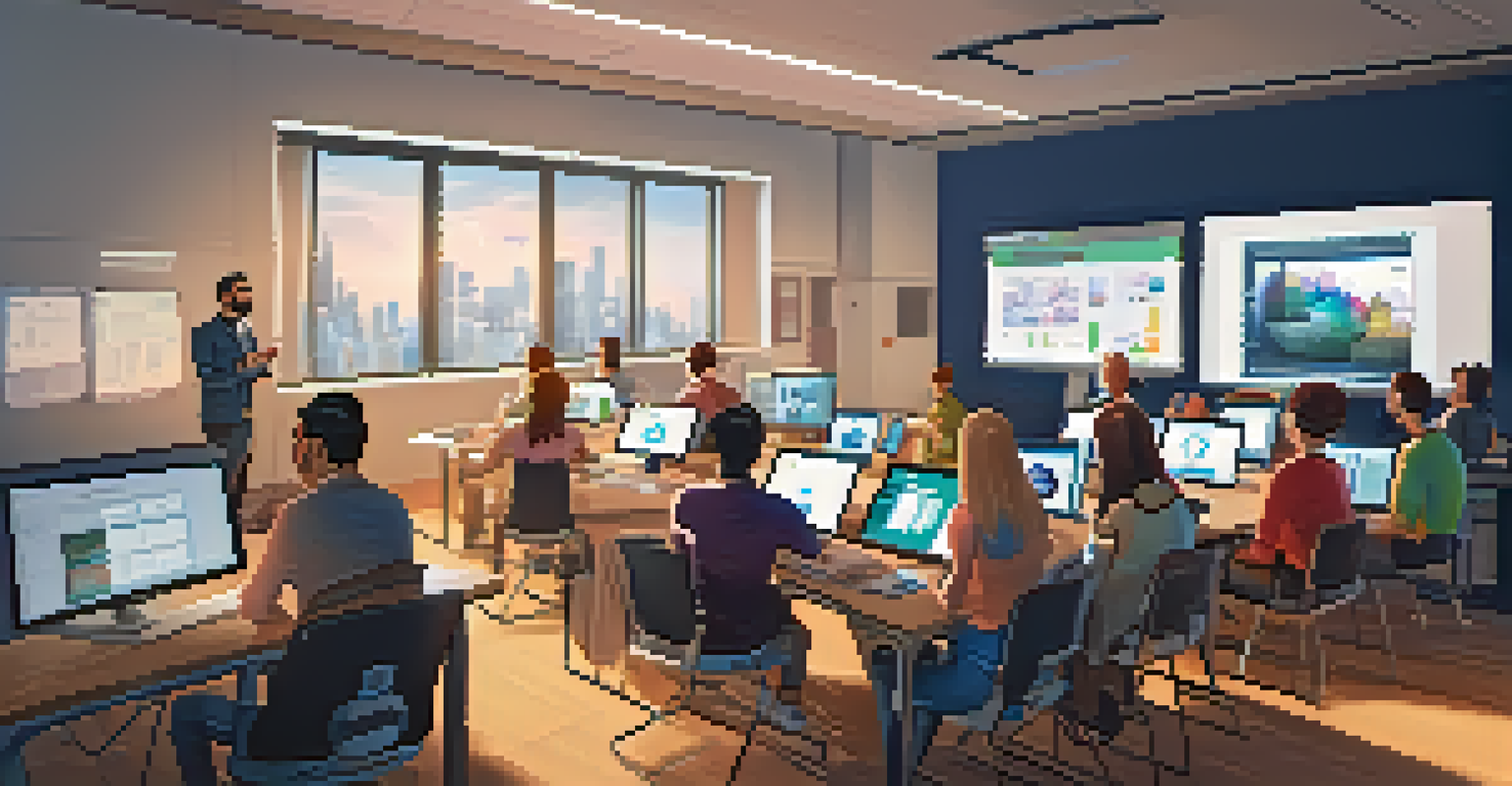 Participants engaged in a tech workshop, learning about digital marketing tools from an instructor, in a modern classroom.