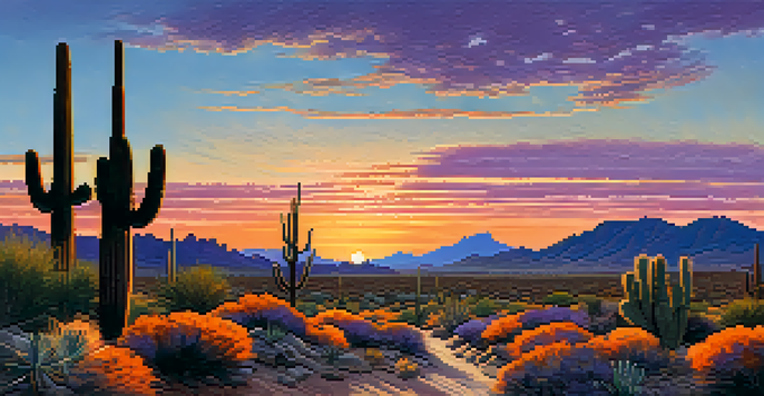 A beautiful sunset over the desert landscape of McDowell Sonoran Preserve, with hikers on a winding trail surrounded by cacti.