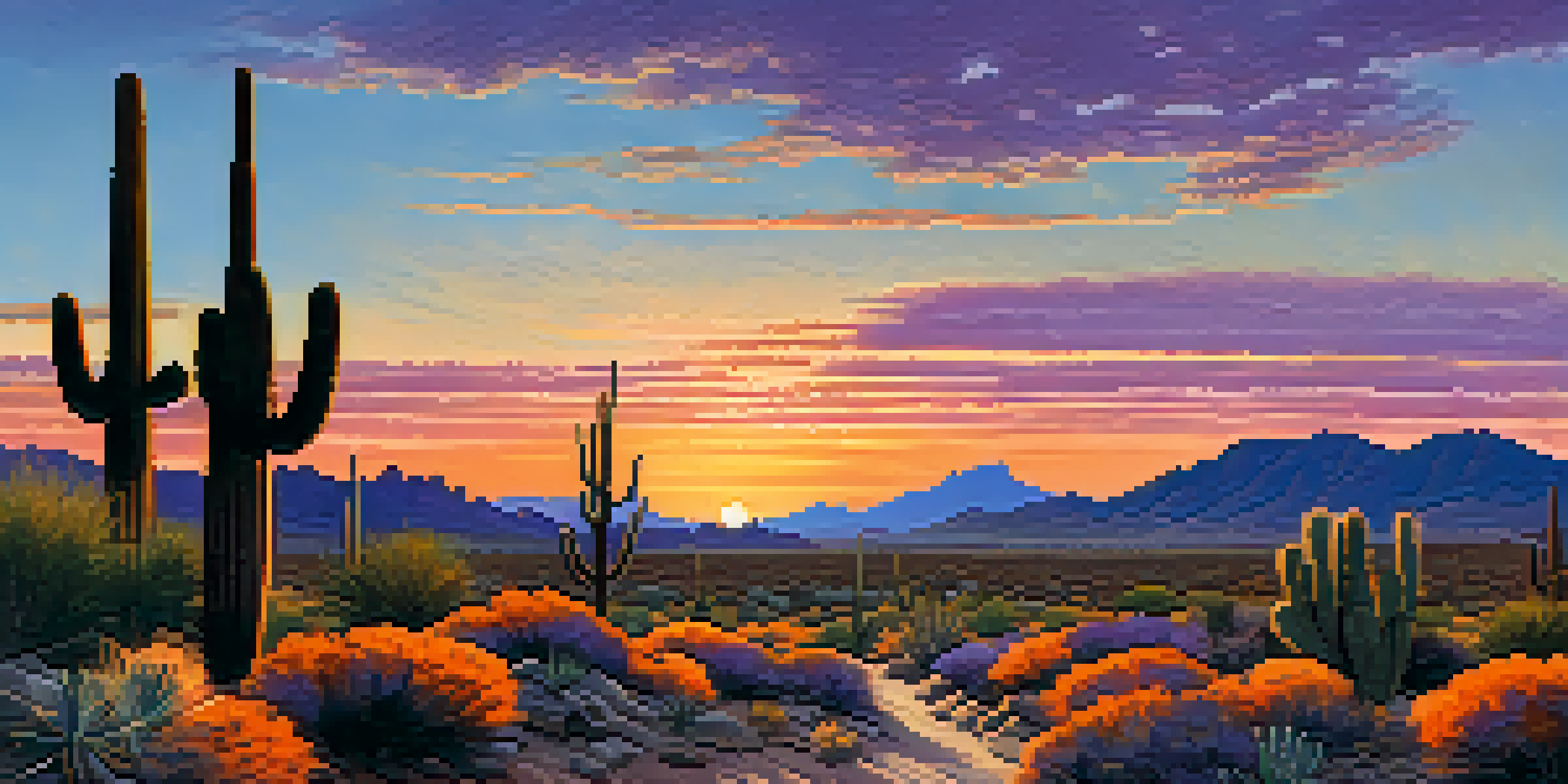 A beautiful sunset over the desert landscape of McDowell Sonoran Preserve, with hikers on a winding trail surrounded by cacti.