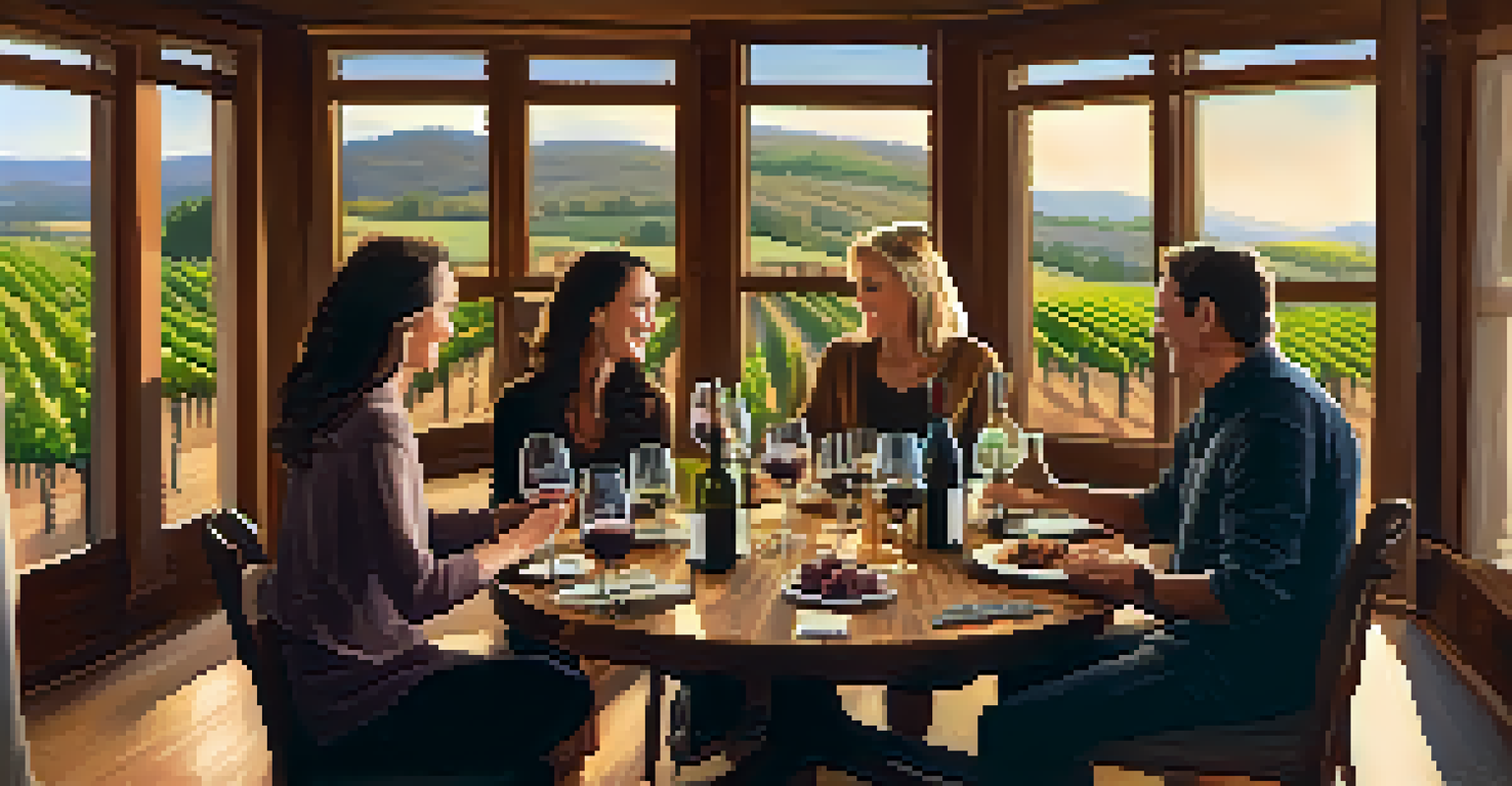 A cozy wine tasting room with friends enjoying wine and gourmet food pairings.