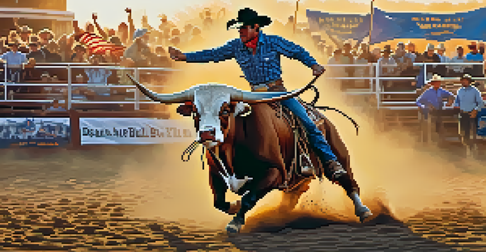 A bull rider competes in a rodeo with a cheering crowd and colorful banners, illuminated by a warm sunset.