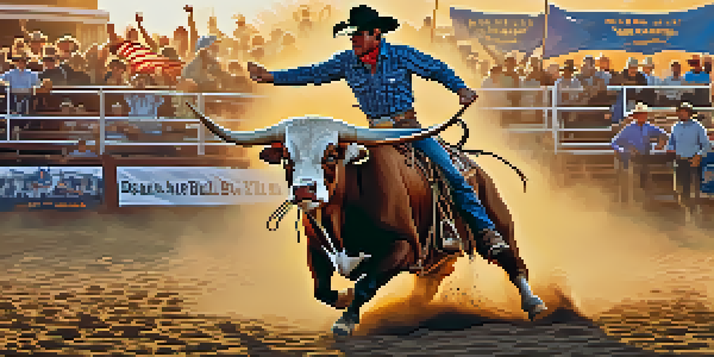 A bull rider competes in a rodeo with a cheering crowd and colorful banners, illuminated by a warm sunset.